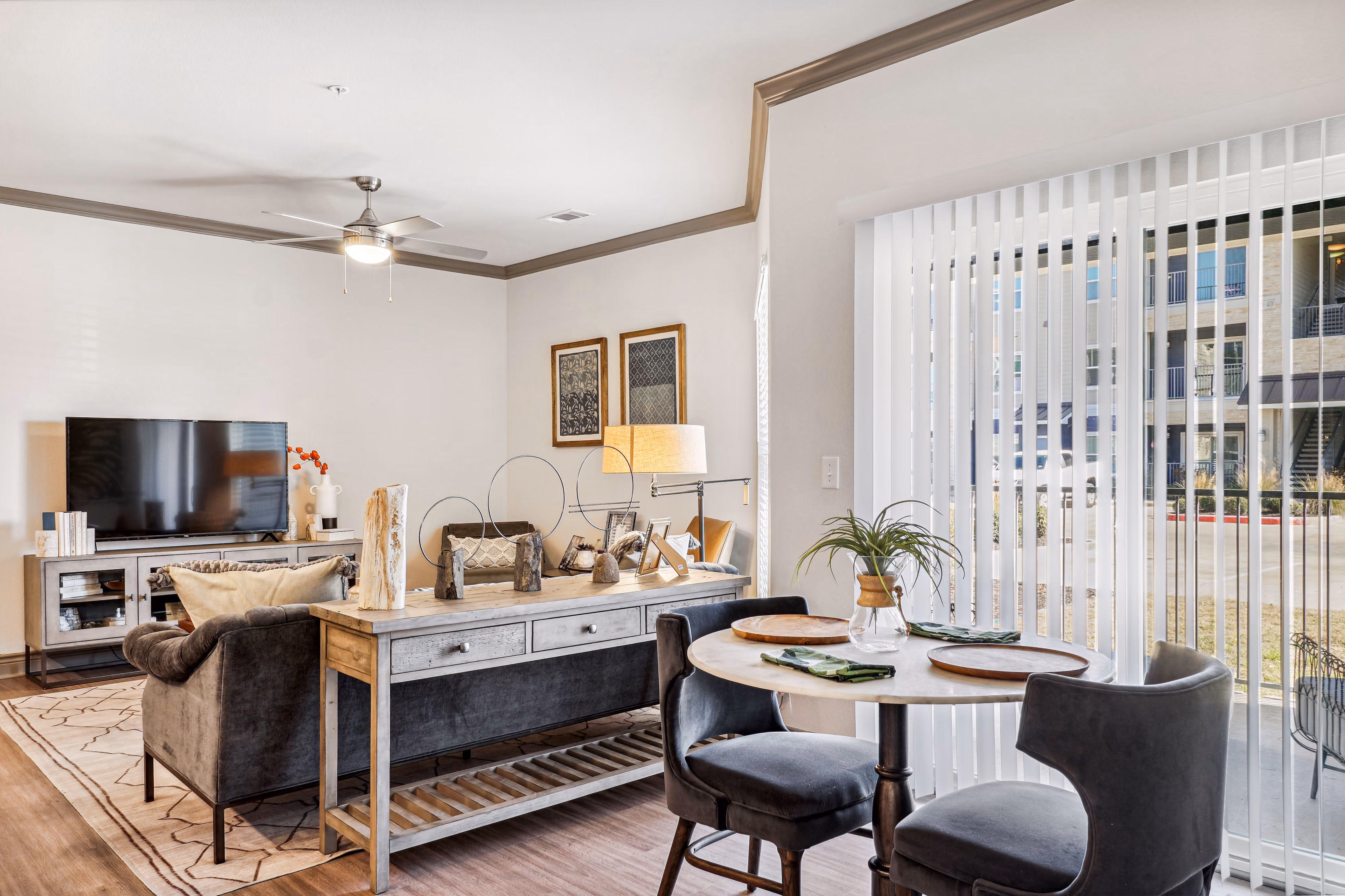 living room and dining room with patio