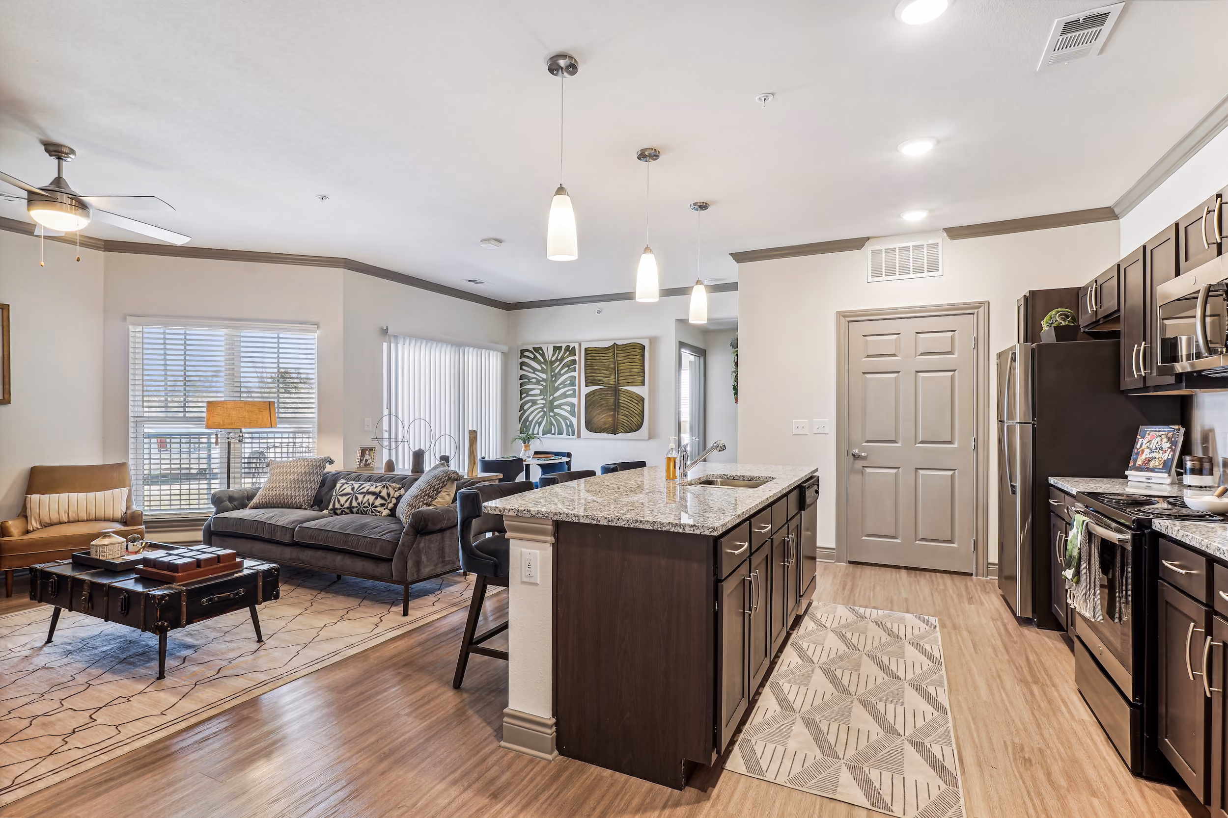 kitchen with dining and living room