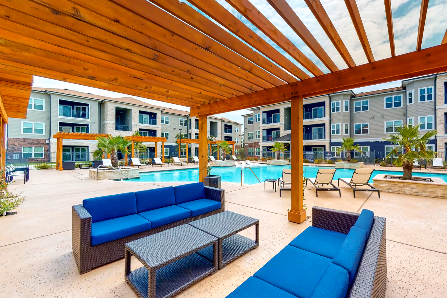 Cabana near Swimming Pool with lounge chairs