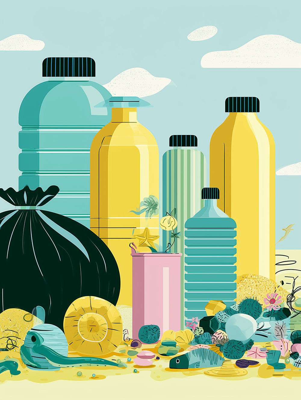 Illustration of plastic bottles and packaging