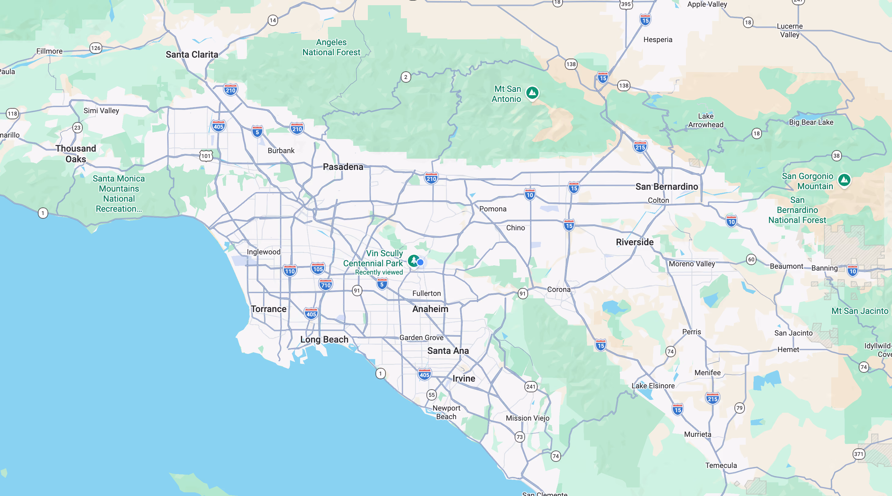 Map of Southern California showing cities, highways, parks, and national forests near Los Angeles.
