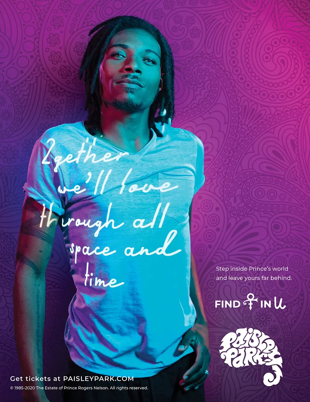 Person with dreadlocks wearing a light blue shirt against a purple paisley background with text promoting Paisley Park and Prince’s world.