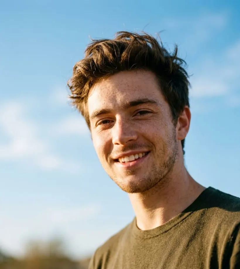 Woman with voluminous wavy hair wearing a red blazer, white satin blouse, gold layered necklace, and dangling earrings.
