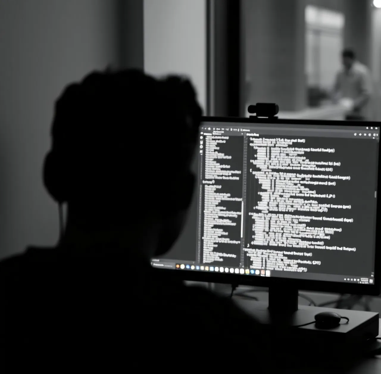 Silhouette of a person with headphones facing a computer screen displaying code in a dark room.