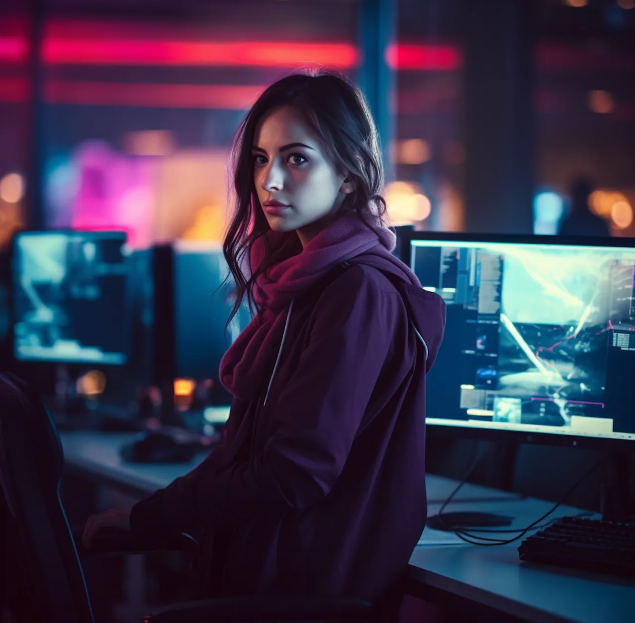 Young woman with long dark hair and purple scarf sitting in front of computer screens with technical or gaming graphics in a dimly lit room.