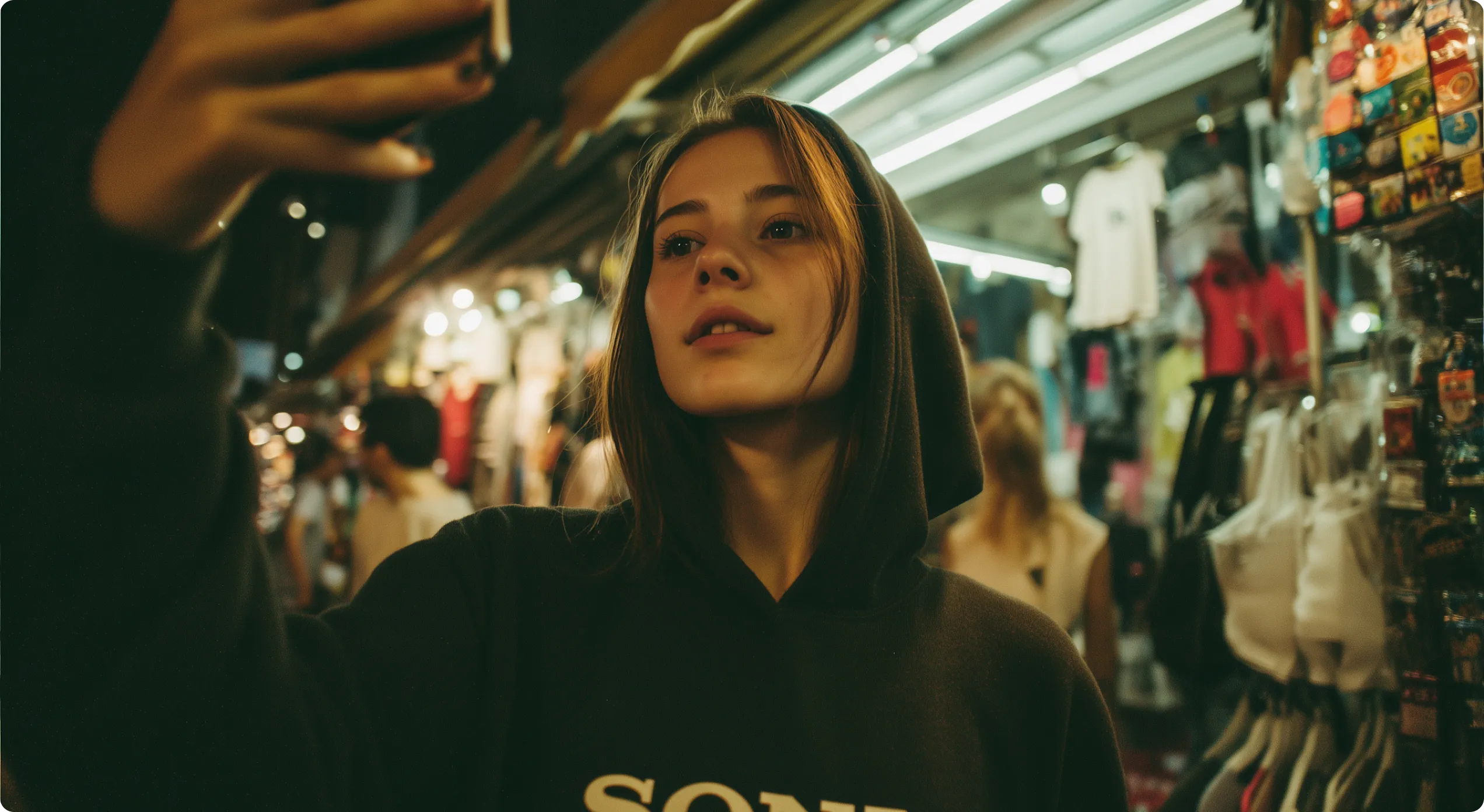 A woman in a black hoodie is looking at her cell phone.
