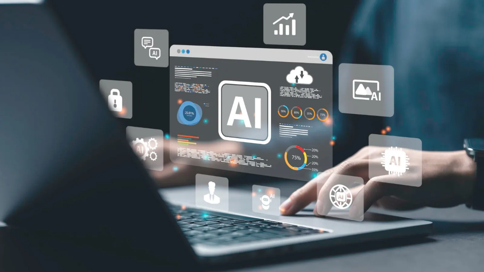 Hands at a laptop with an AI analytics dashboard of charts and metrics floating above the keyboard