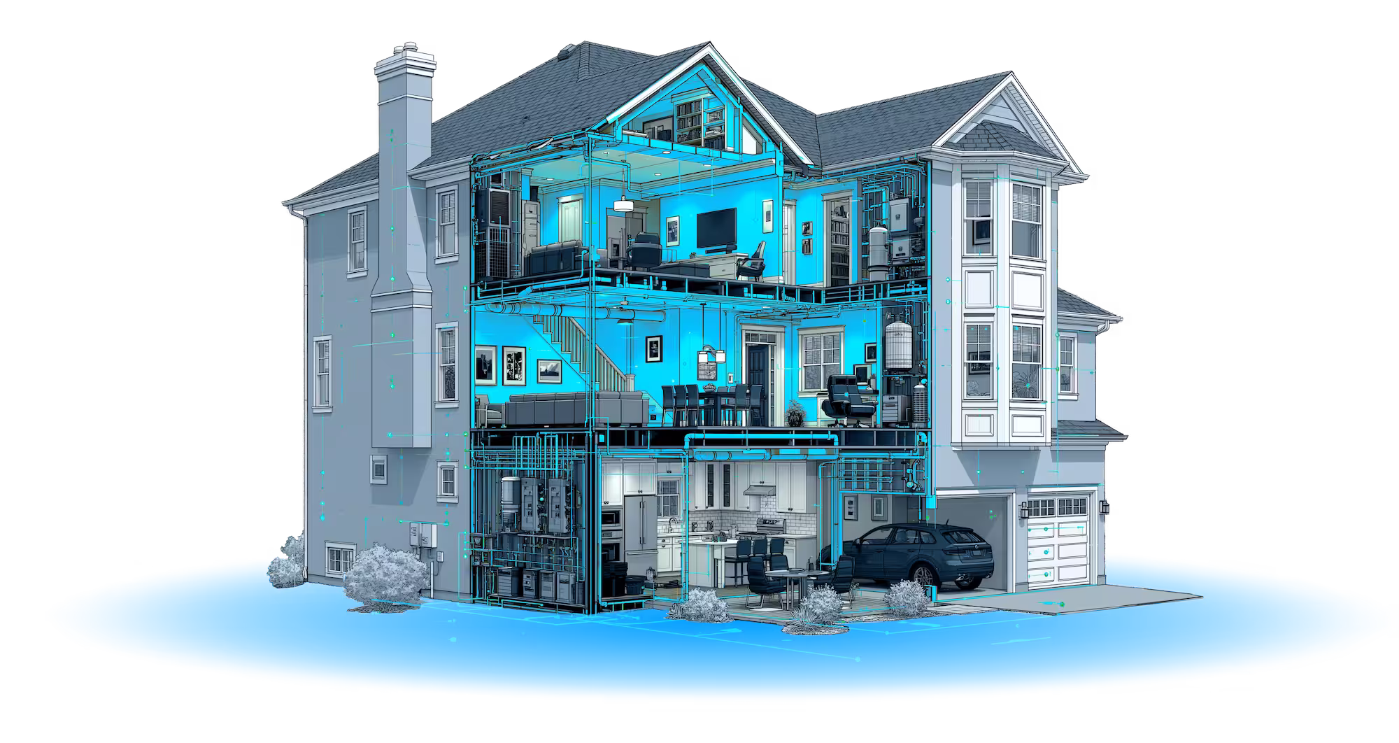 Illustration of a three floor suburban home with a dollhouse cutaway to reveal the home's interior and plumbing pipes in the walls.