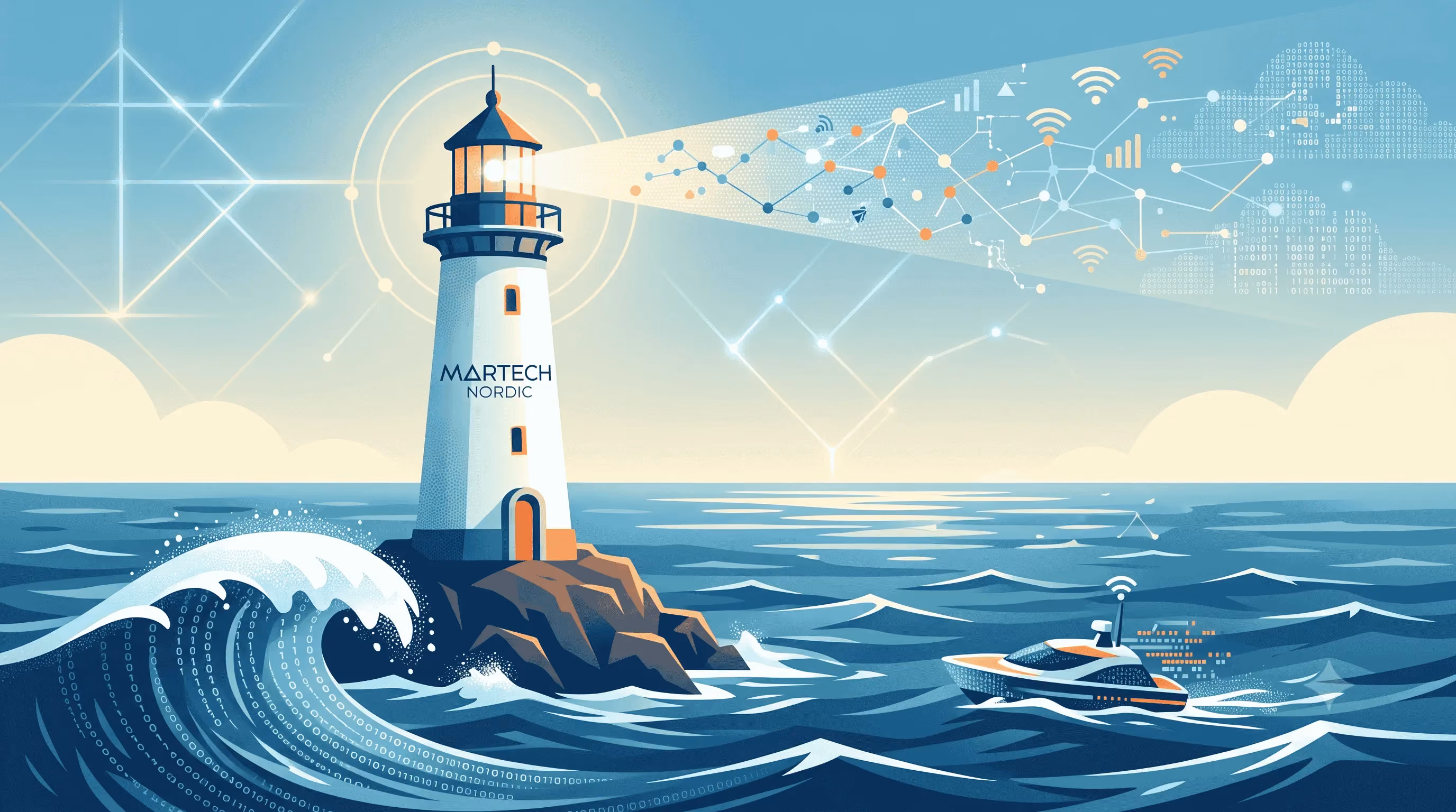 Illustration of a lighthouse casting a beam across the sea that becomes a network of connected data points, with a boat below and the Nordic MarTech name on the tower
