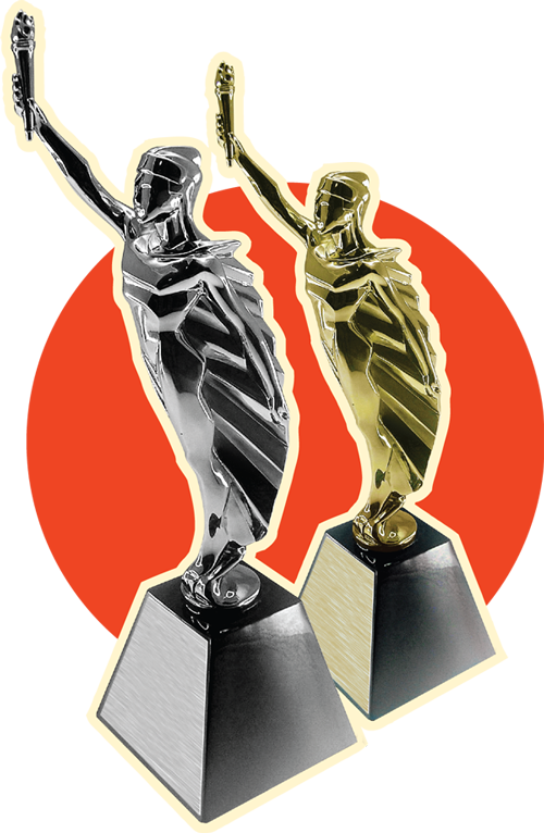MarCom Awards gold and platinum statuettes