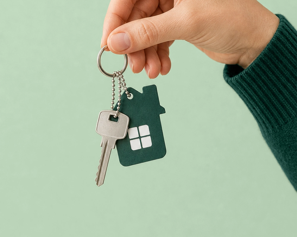 Hand holding house keys with a house-shaped key ring, symbolising new home ownership in Selwyn and Christchurch