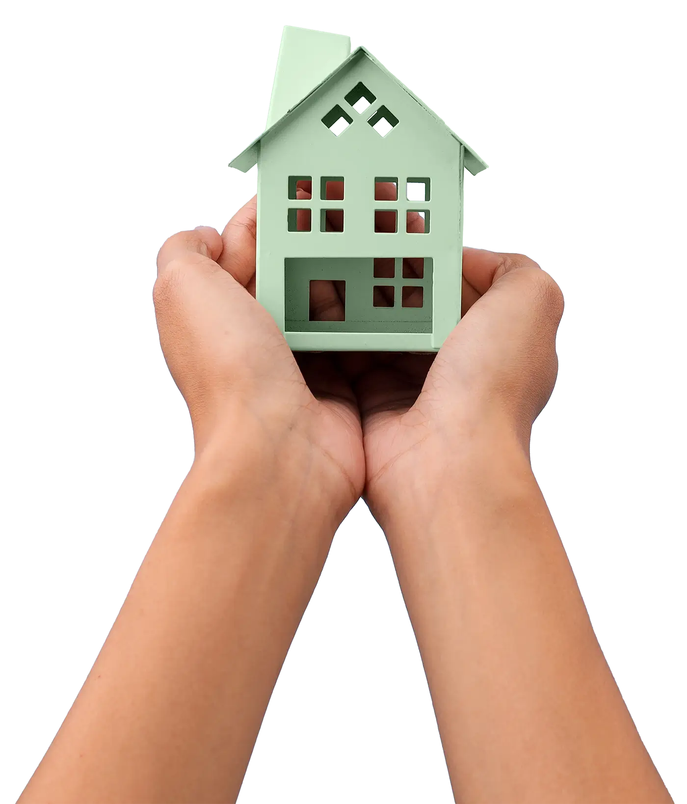 Cupped hands holding a green model house, representing home loan advice from mortgage brokers in Christchurch
