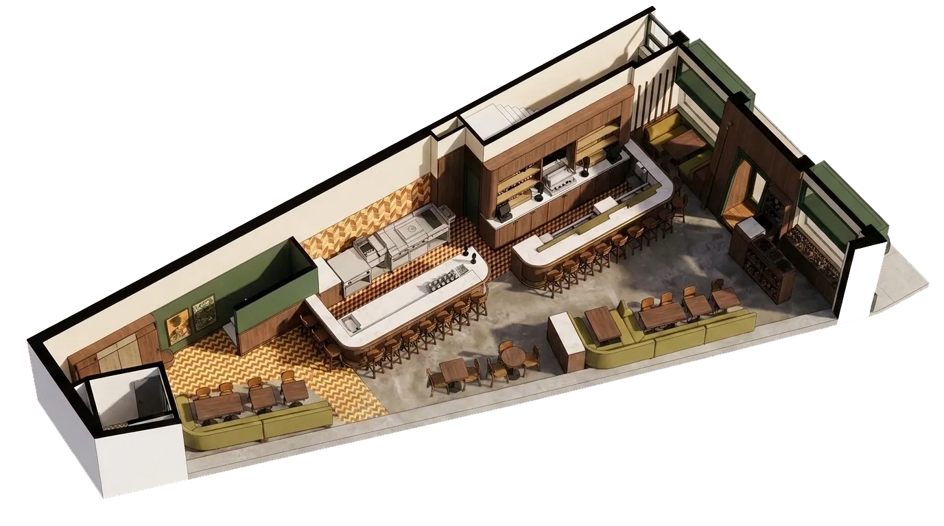 Three-dimensional overview of CANA's dining room, bar, open kitchen, and seating