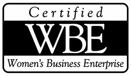 Certified WBE logo indicating Women’s Business Enterprise certification in black and white.