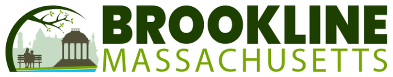 Brookline Massachusetts logo with silhouette of people on bench, gazebo, and trees.