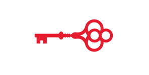 Red vintage-style key with an ornate bow on a white background.