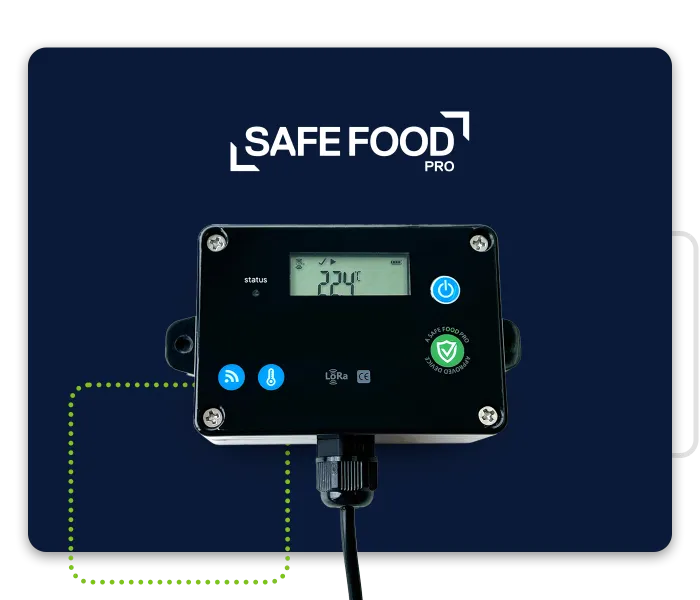 Safe Food Pro wireless temperature monitor in the middle of a blue rounded rectangle