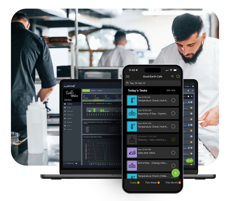 Chefs in kitchen and Safe Food Pro mobile app and desktop