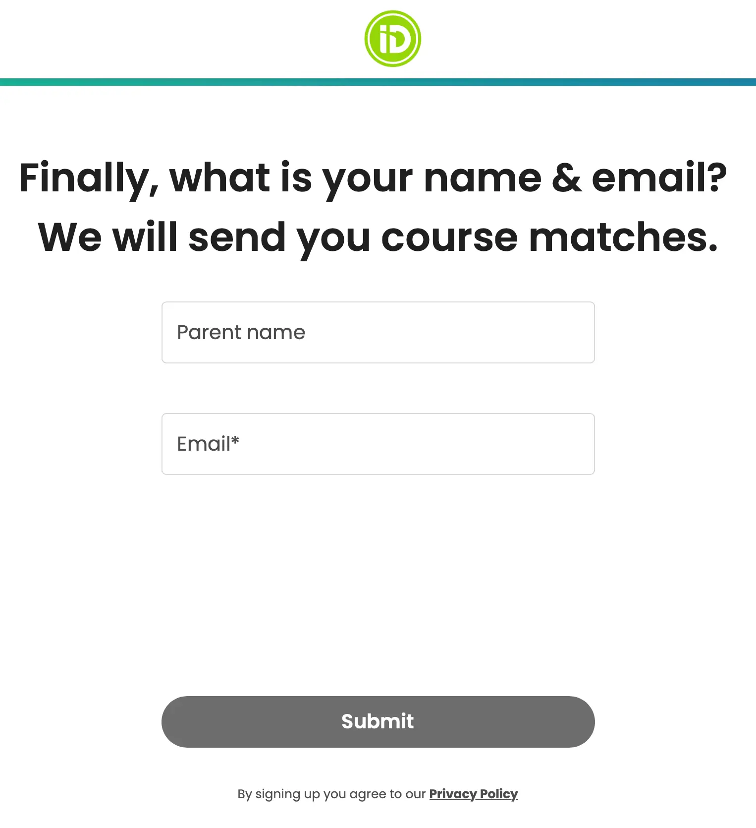 Quiz step five: the email capture, placed at the end of the quiz.