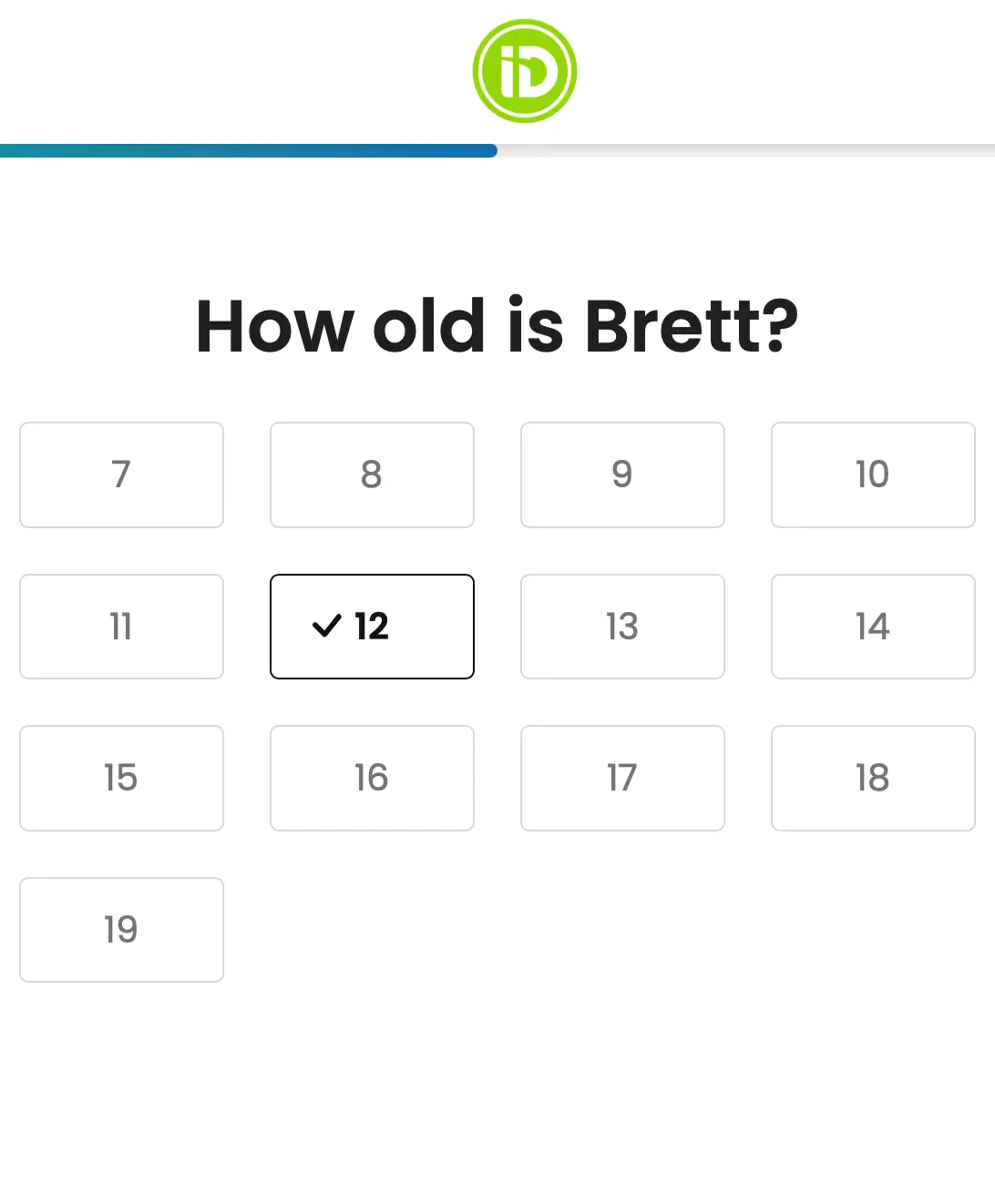 Quiz step two: selecting the student's age range.