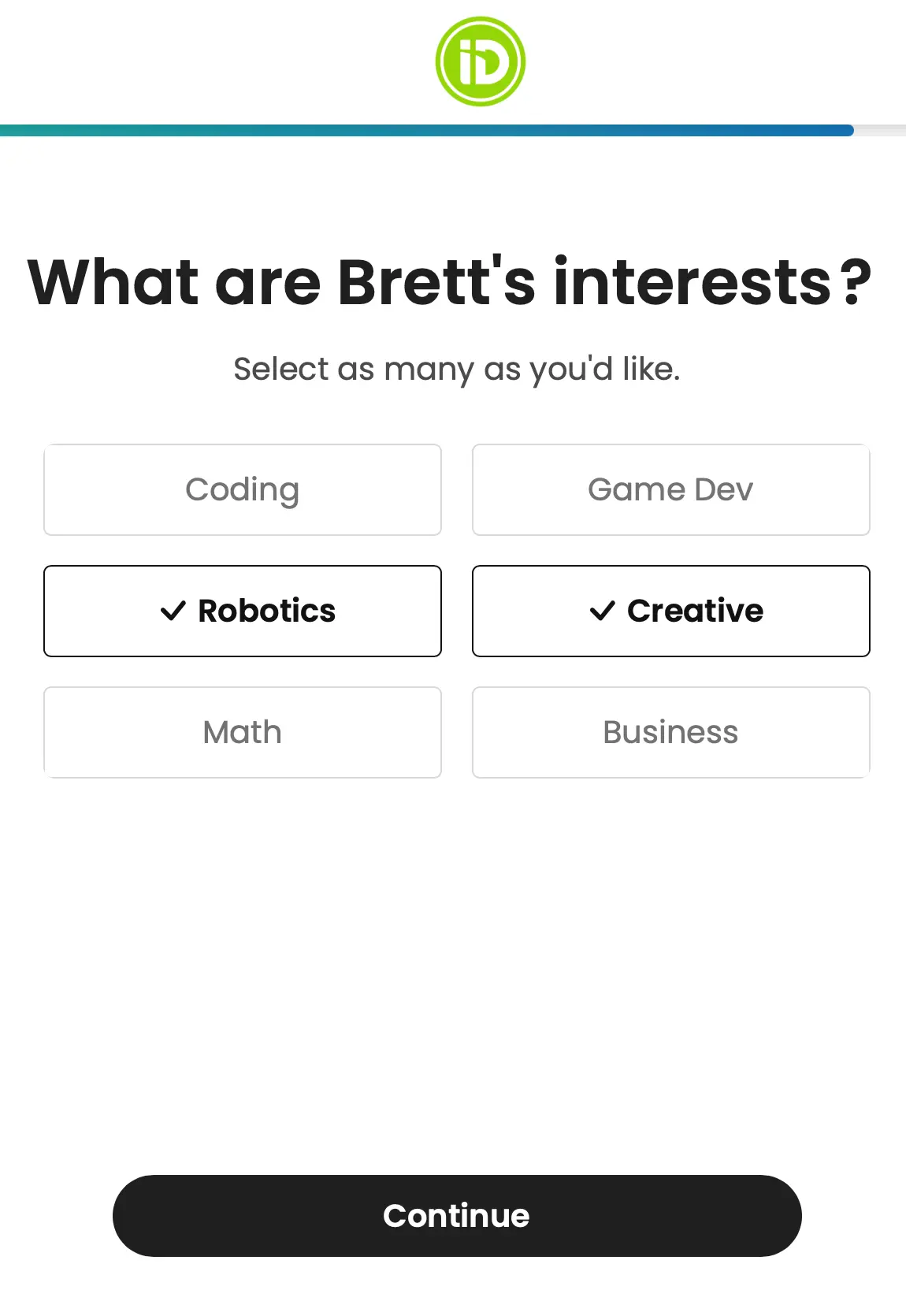 Quiz step three: choosing areas of interest, or pathways.