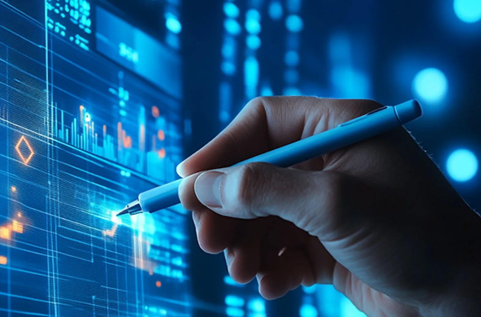 Hand holding stylus interacting with glowing digital data charts on transparent screen.