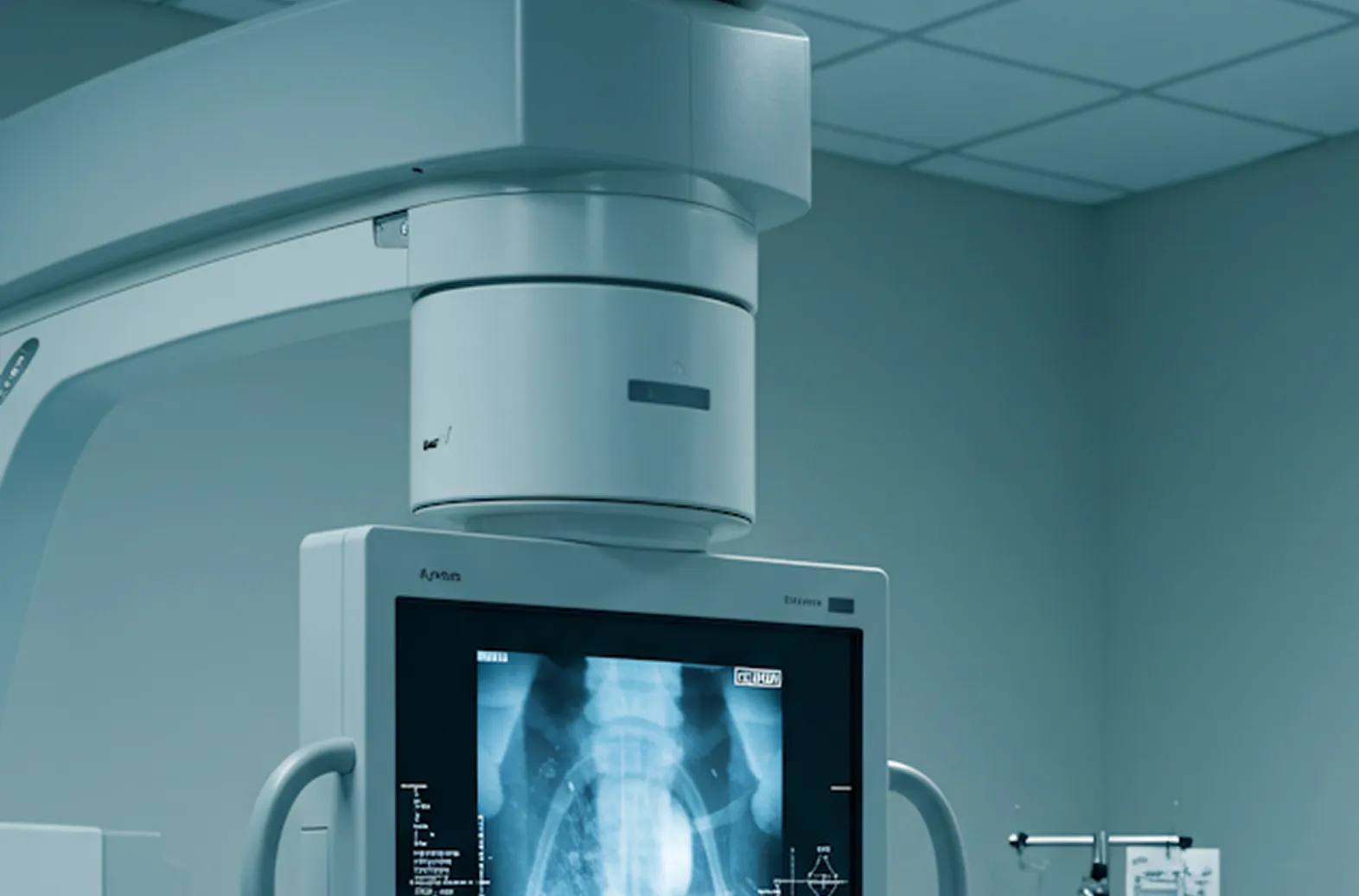 Medical X-ray machine displaying a chest X-ray scan in a clinical room.