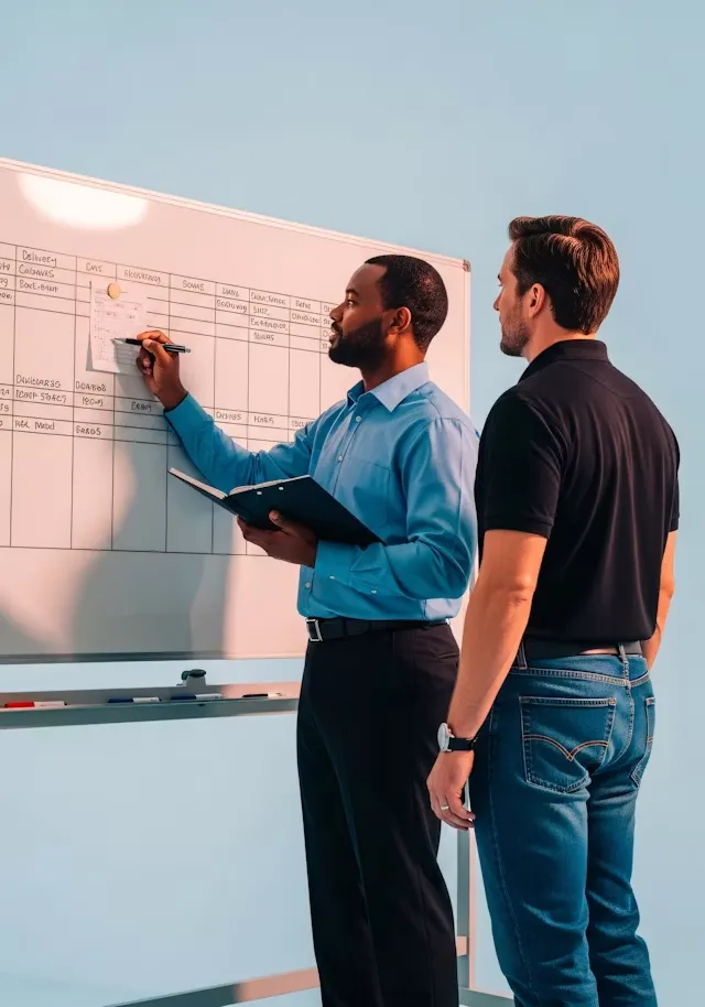 Two men reviewing and writing on a whiteboard with a project schedule or task chart.