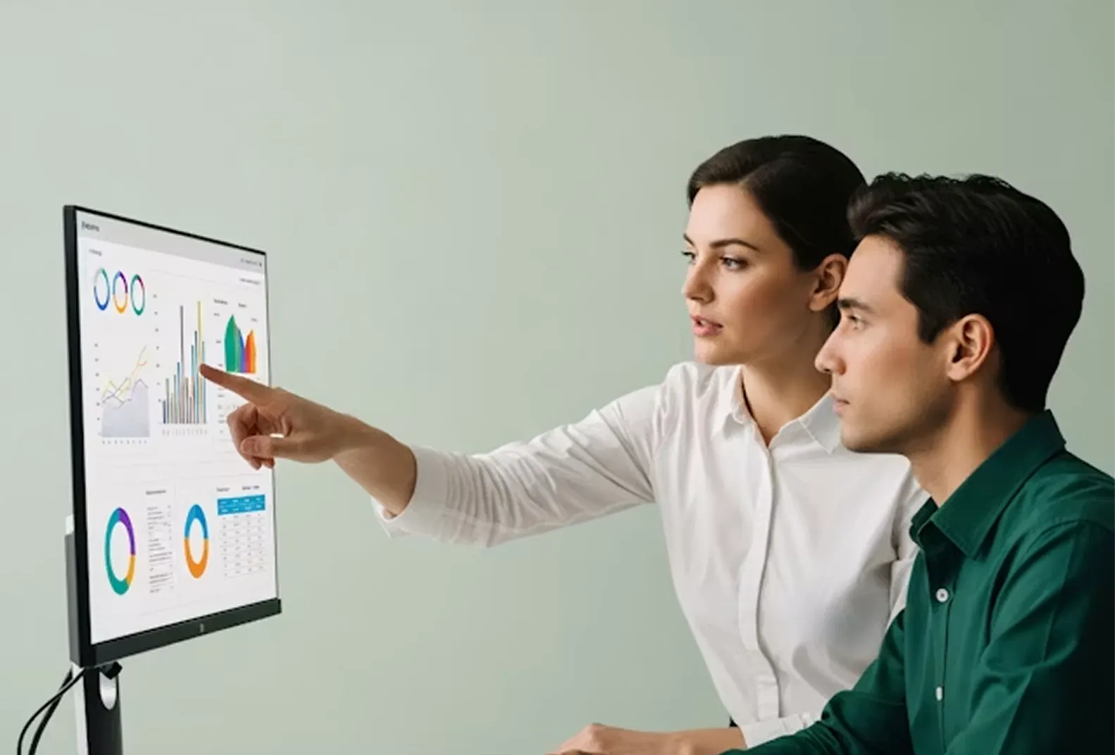 A woman points at data charts on a screen while a man watches attentively.