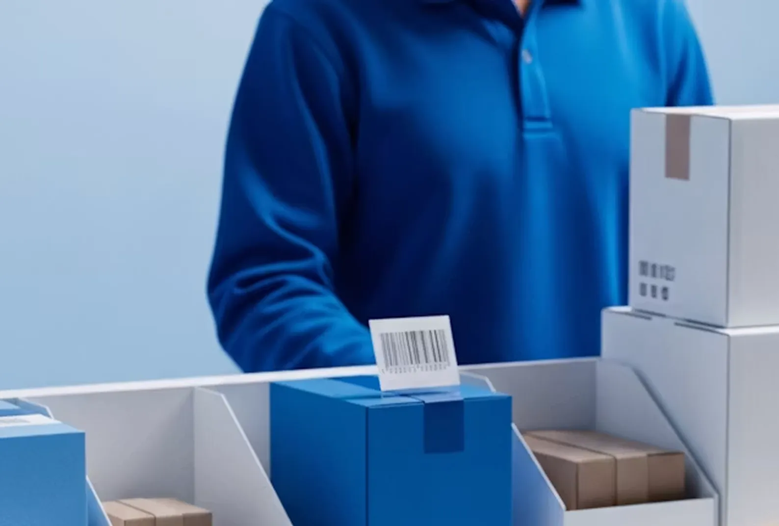 Person in blue shirt sorting packages with barcode labels in a white compartment organizer.