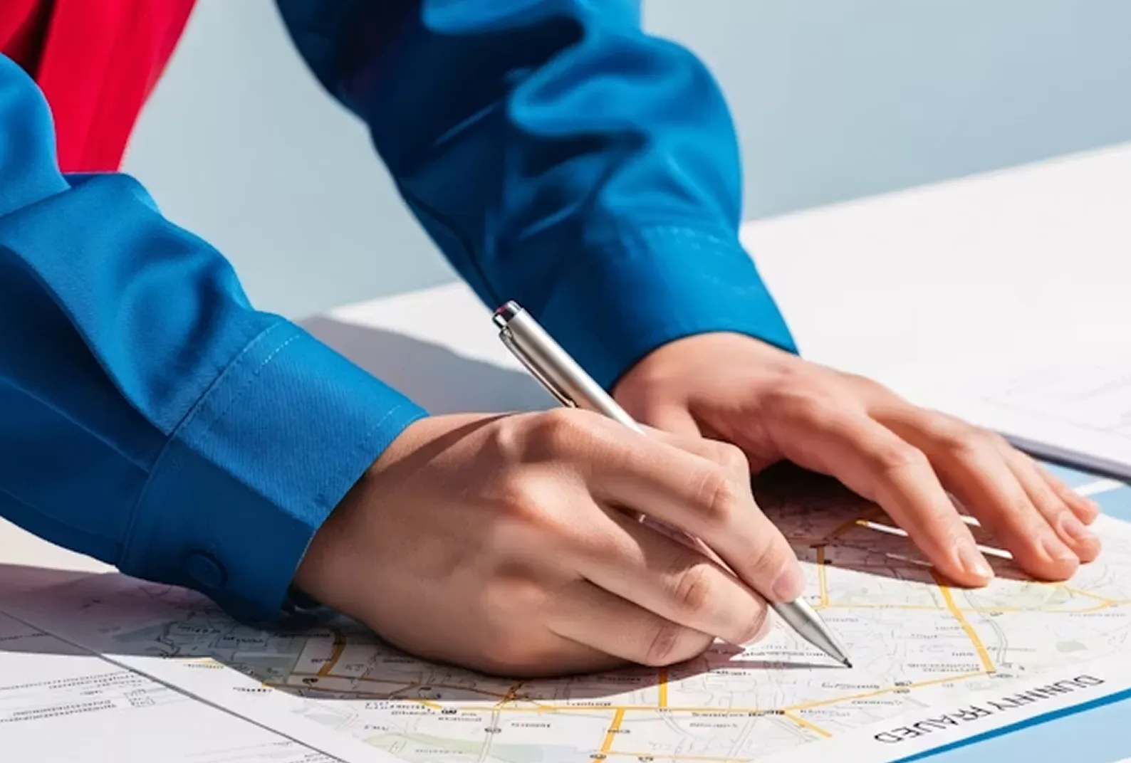 Person with blue sleeves marking or drawing on a map with a silver pen.