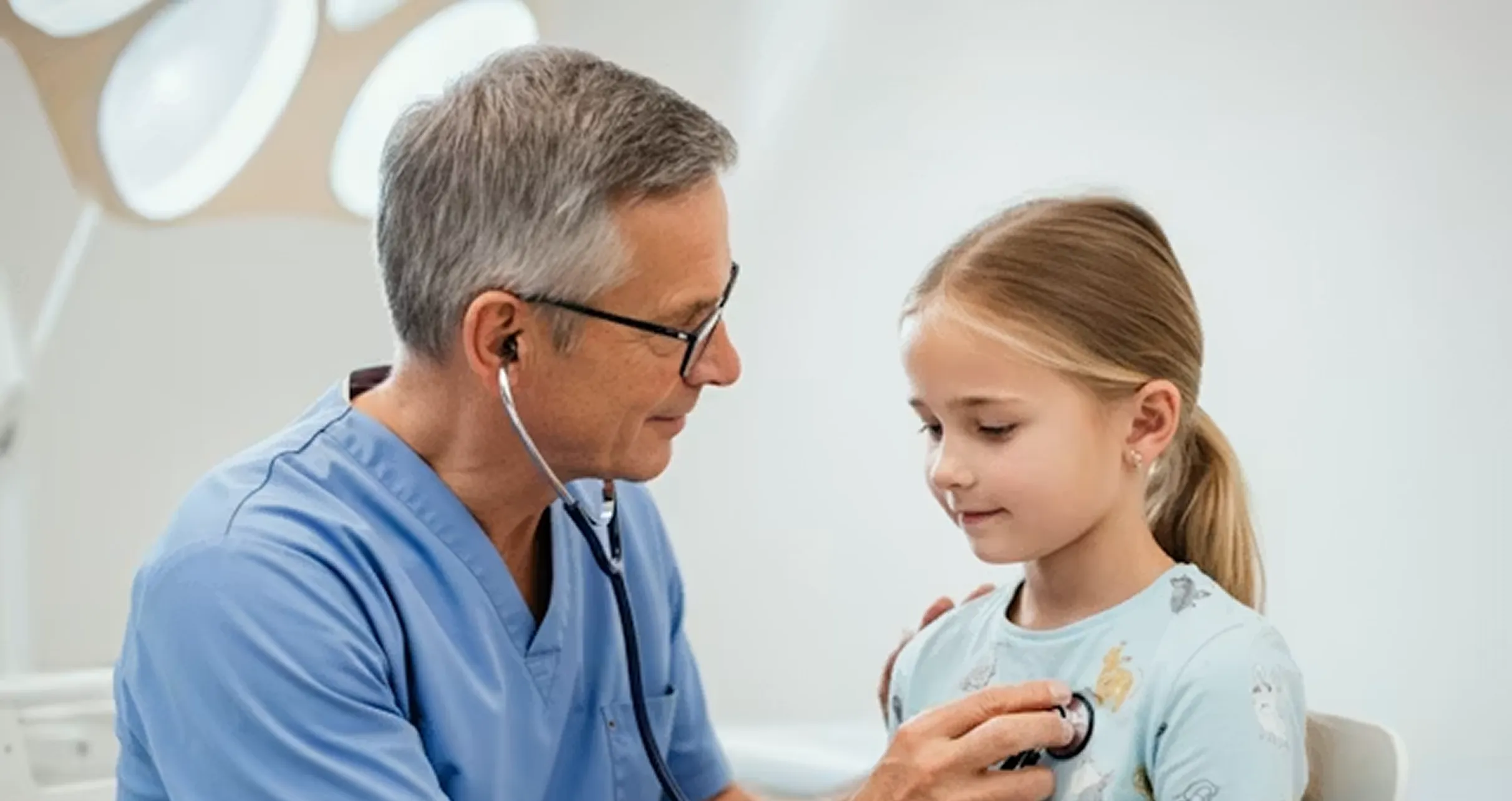 Doctor using stethoscope to listen to heart of young girl in medical office.