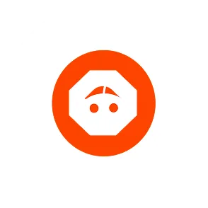 White umbrella with two raindrops inside a white octagon on an orange circle background.