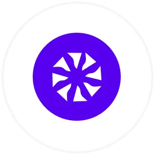 White abstract pinwheel shape inside a solid purple circle on a white rounded background.