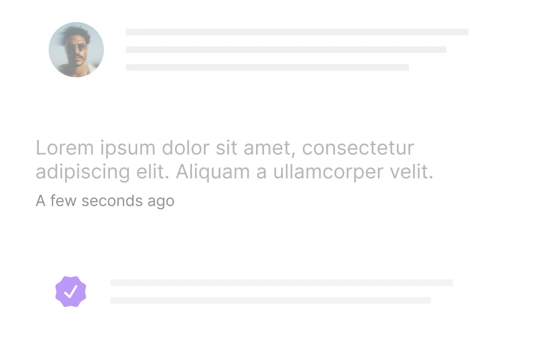 Profile picture of man with sunglasses, a text box with placeholder text, and a verified badge icon with text lines.