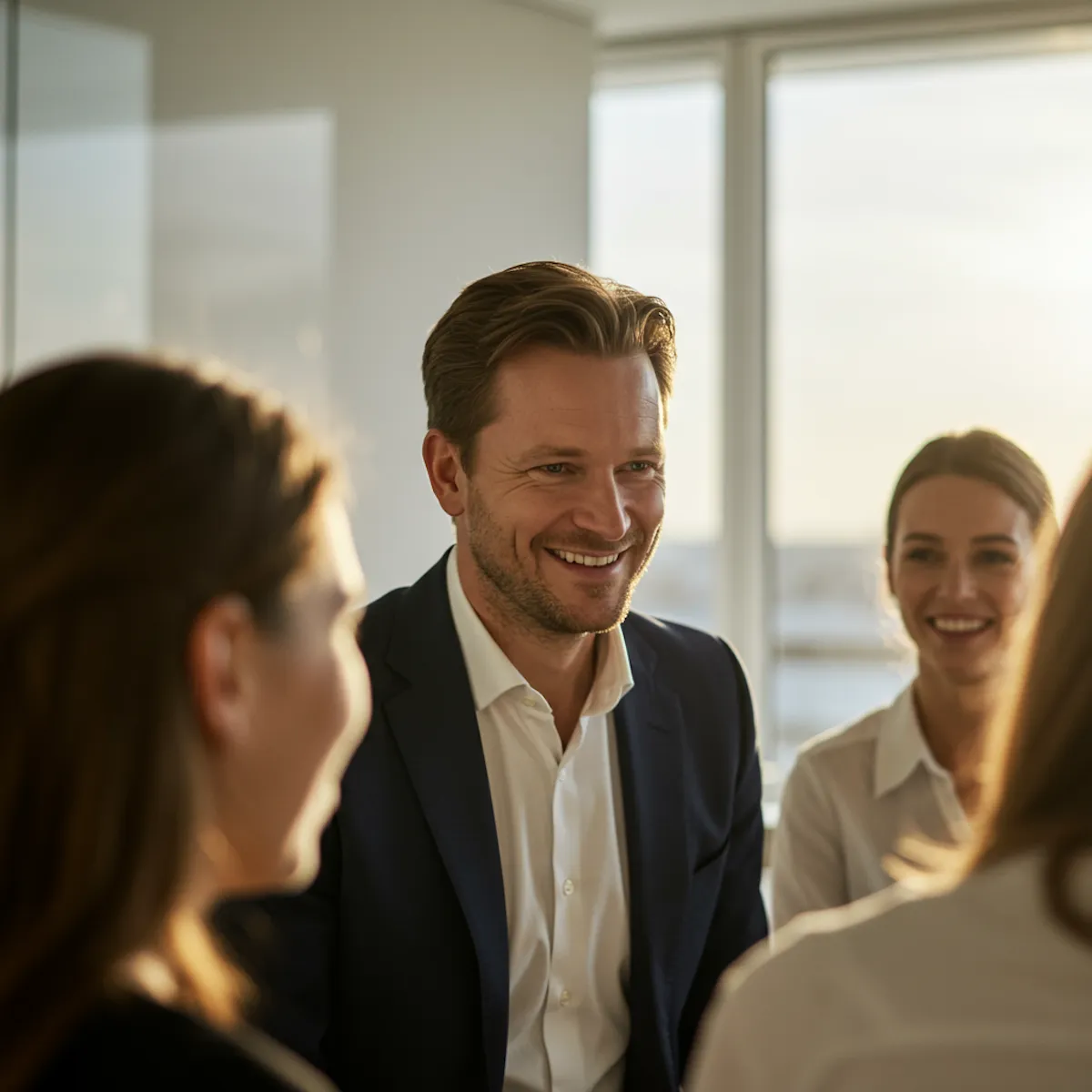 Smiling man in suit talking with colleagues in a modern office with large windows.