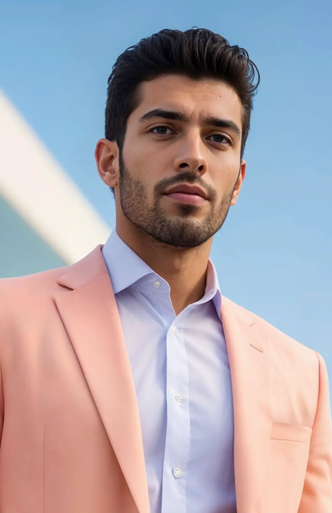 Young man with short dark hair and beard wearing a peach blazer over a white dress shirt.