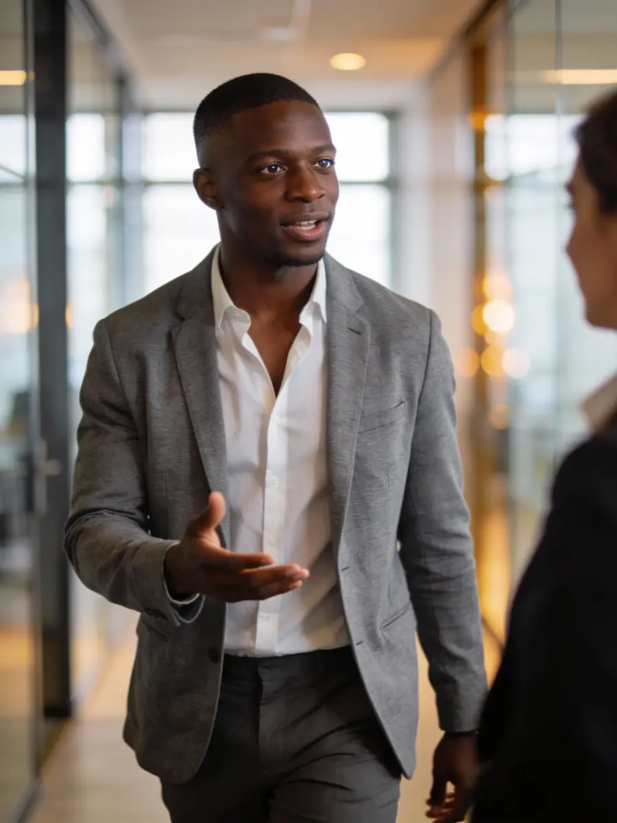 Man in gray blazer speaks and gestures with hand during conversation in modern office.