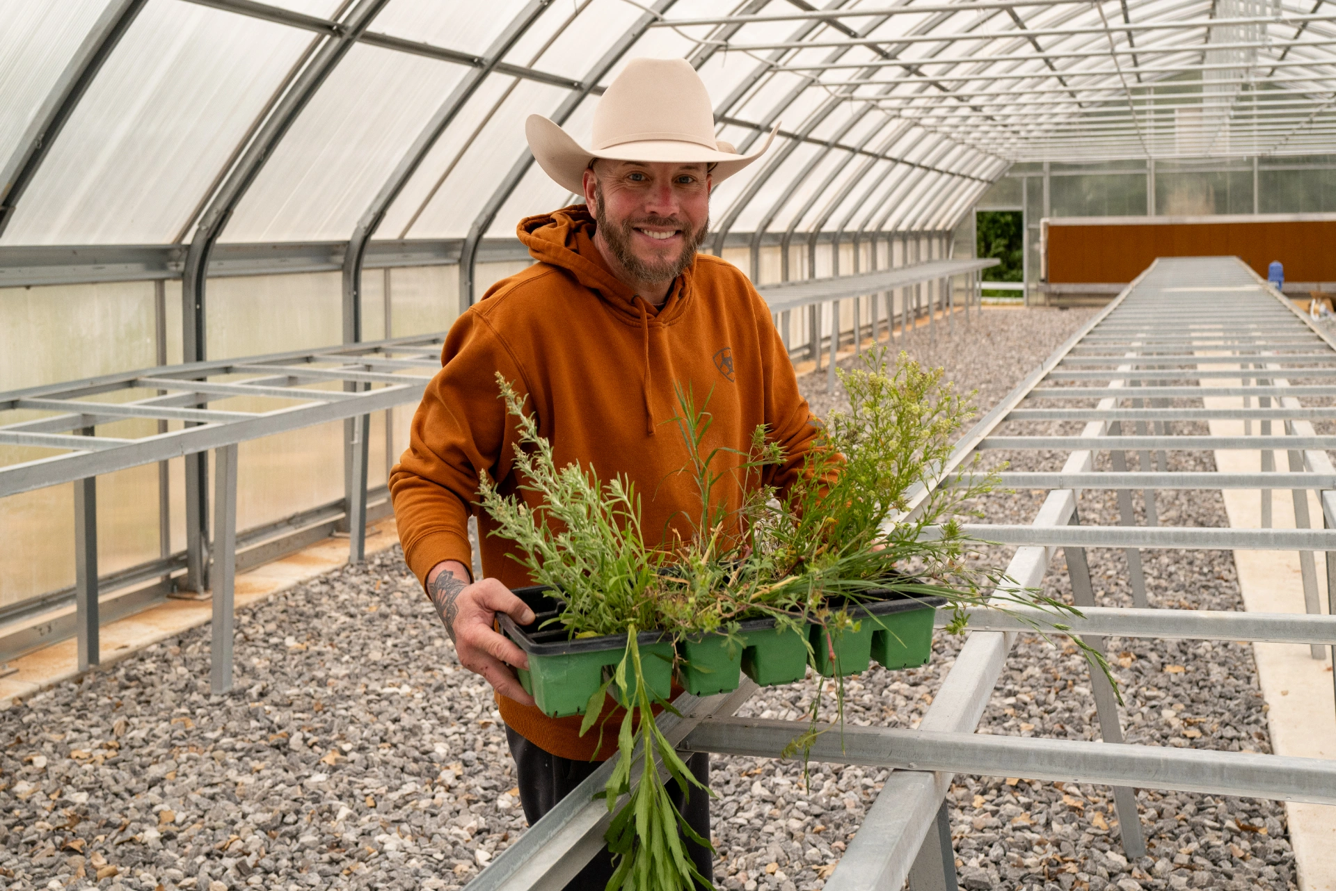 Man in a beige cowboy hat and orange hoodie holding a tray of plants inside a greenhouse.