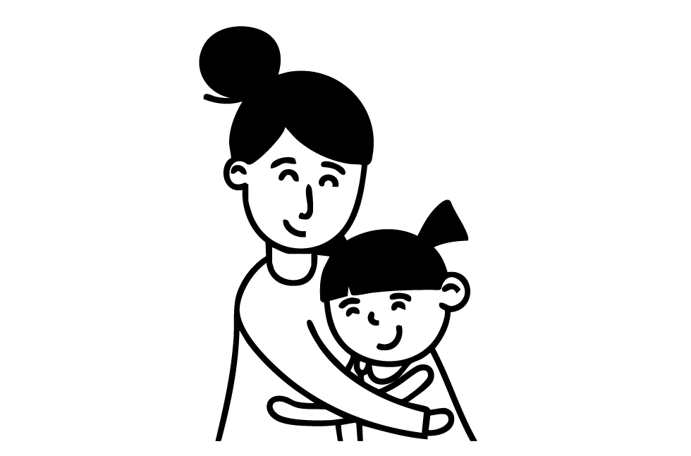 Illustration of a mother hugging her smiling young daughter with a ponytail.