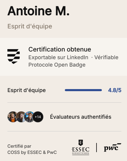 Exemple de certification COSS : Esprit d'équipe, 4,8 sur 5, exportable sur LinkedIn et vérifiable