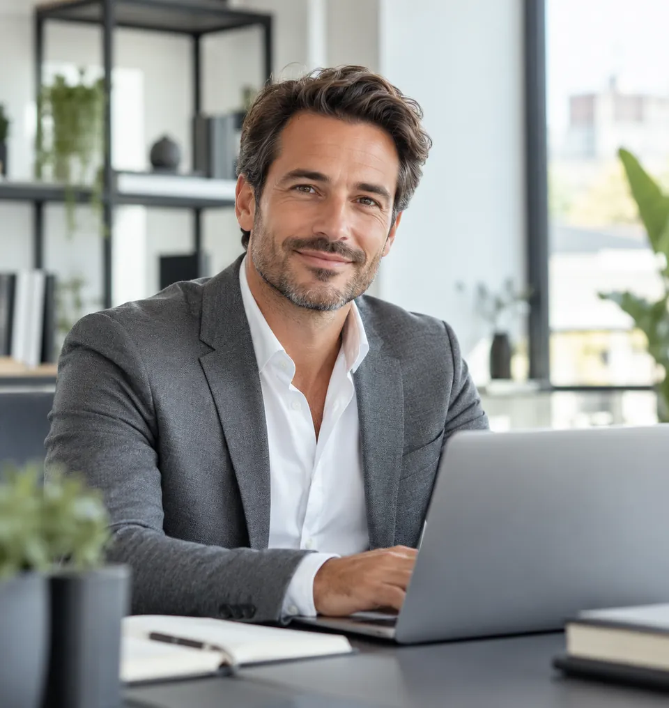 Cadre en veste grise sur son ordinateur portable pendant son évaluation 360° des soft skills