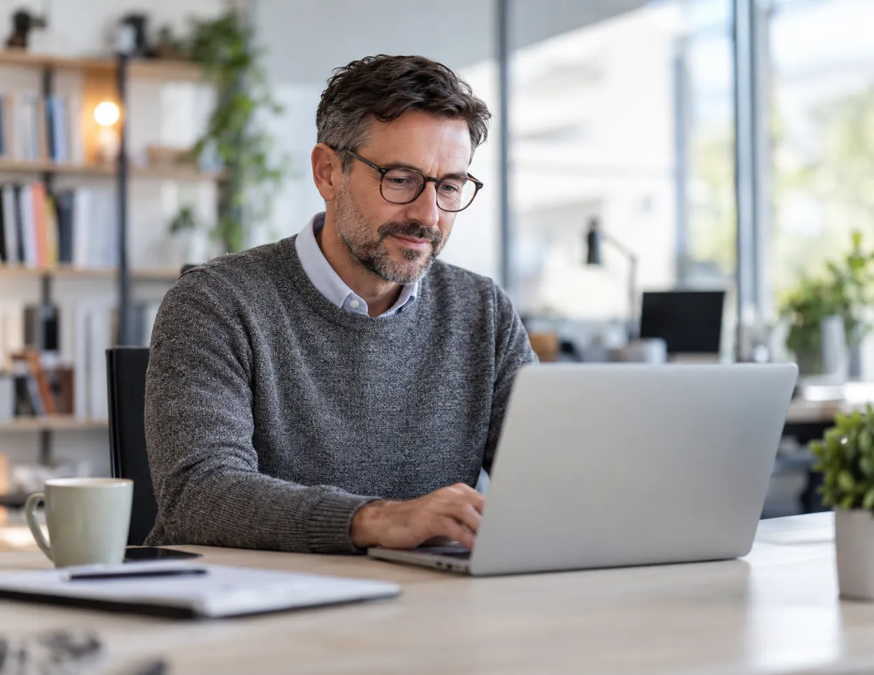 Professionnel à lunettes sur son ordinateur portable, formation certifiante soft skills à l'ère de l'IA