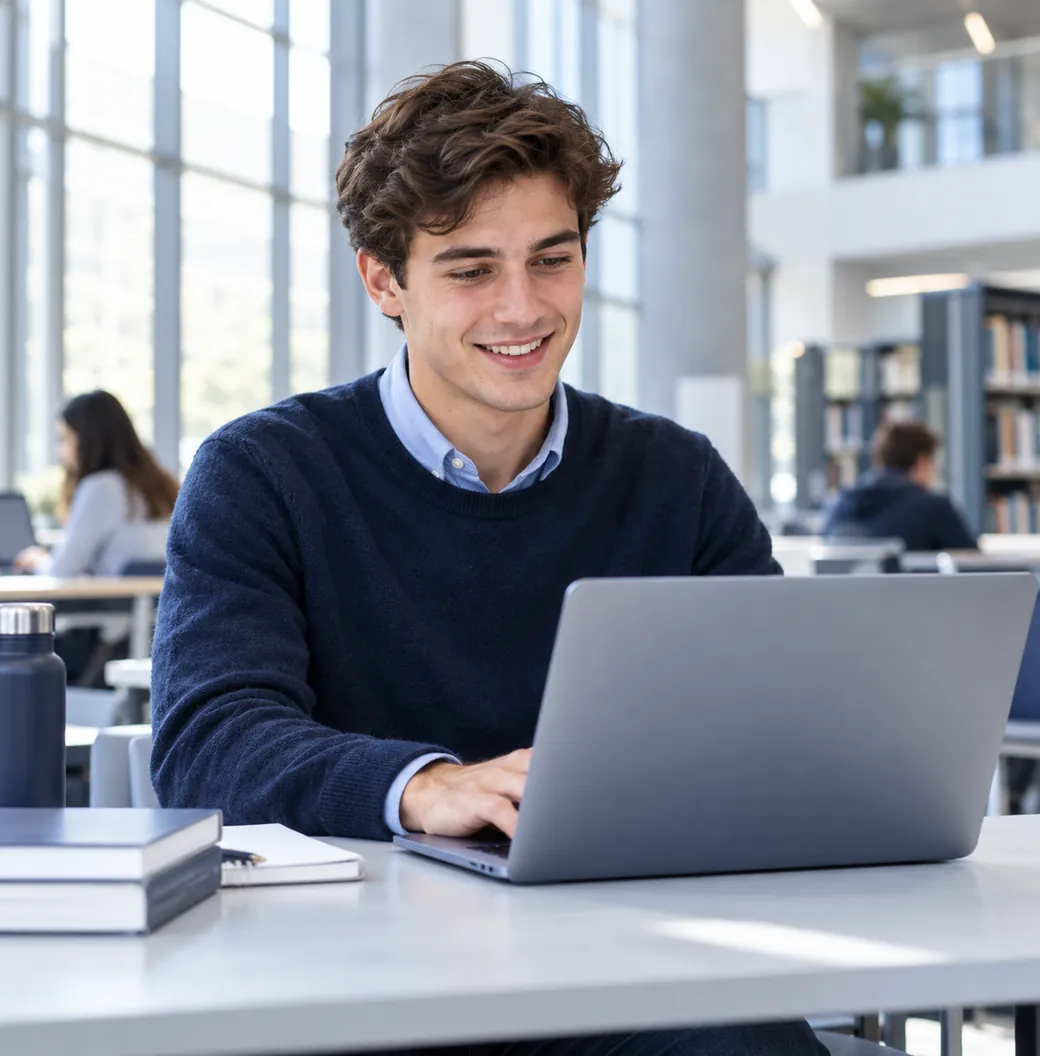Étudiant en pull bleu marine travaillant sur son ordinateur portable dans une bibliothèque universitaire