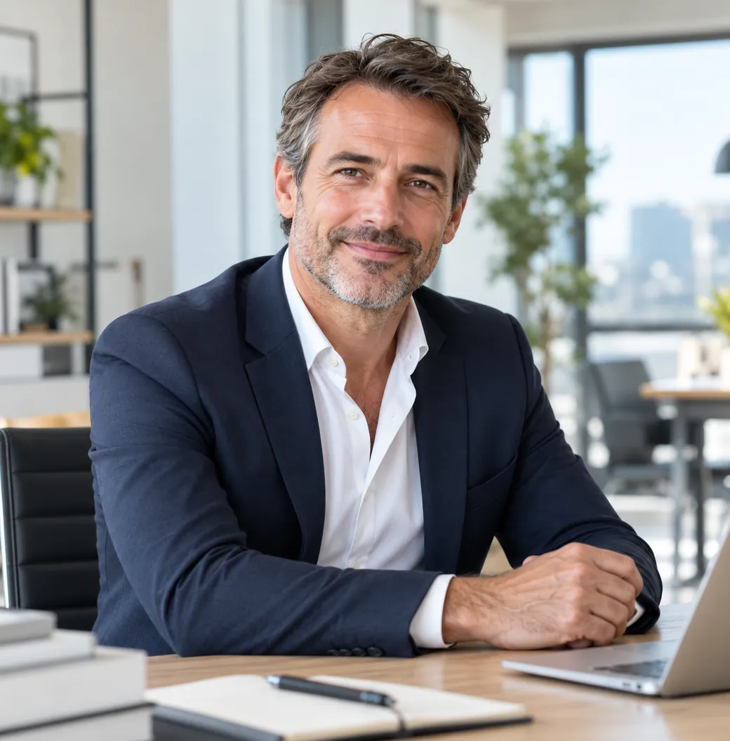 Cadre en costume bleu marine assis à son bureau, profil du Pack Professionnel COSS