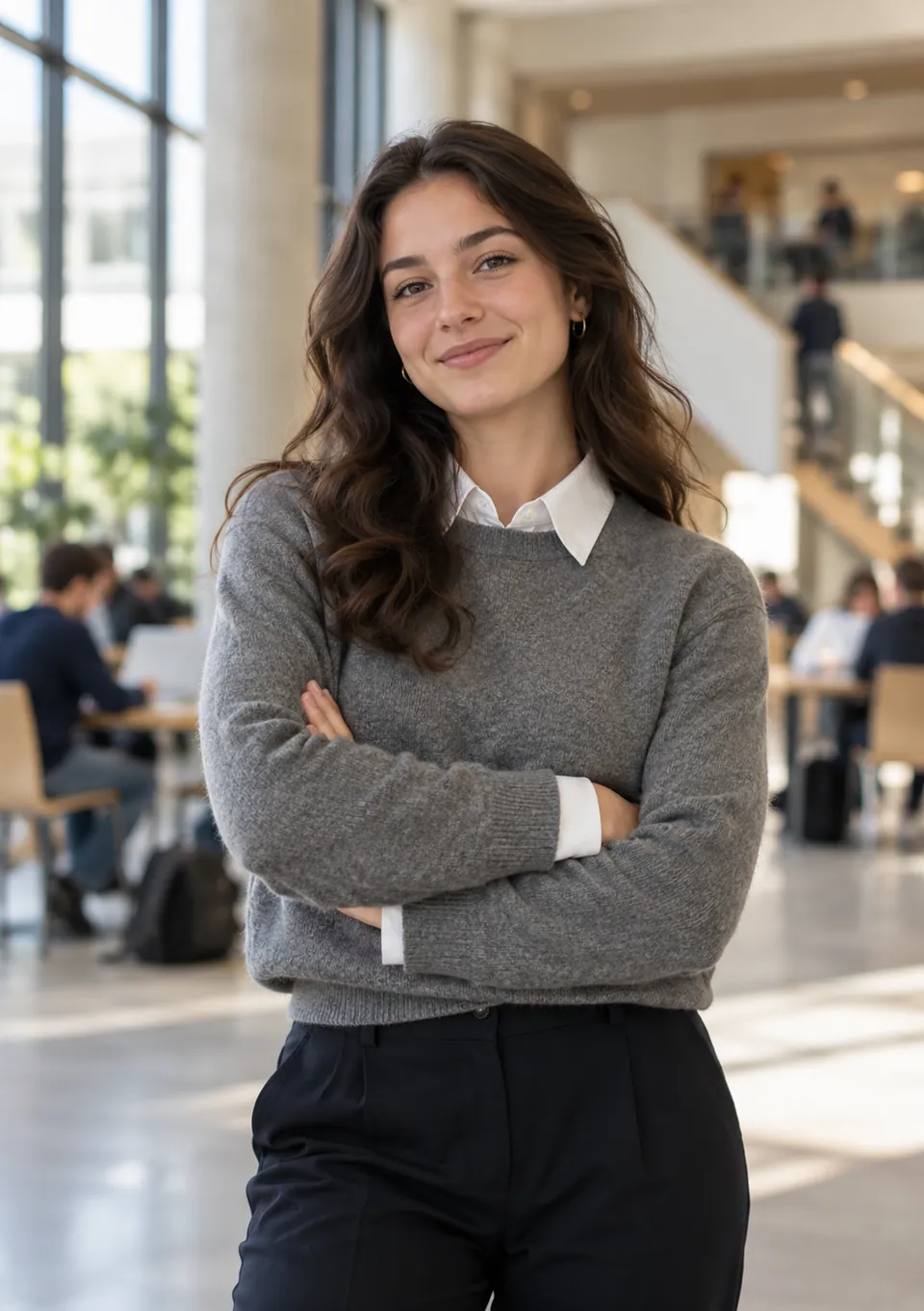 Étudiante souriante, bras croisés, dans le hall lumineux d'un campus, profil du Pack Étudiant COSS