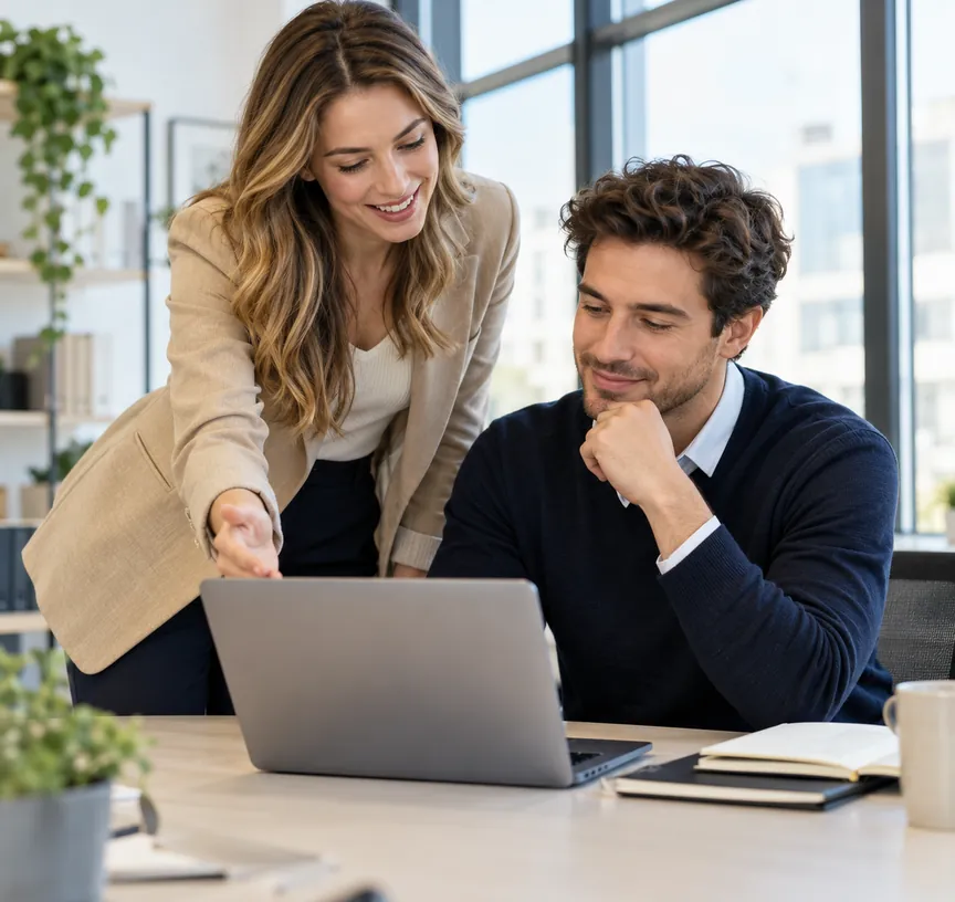 Deux collègues analysant un feedback sur ordinateur portable, mesure des compétences par le feedback