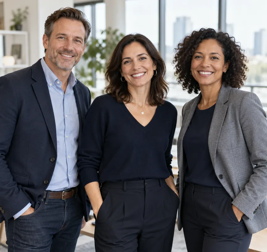Trois consultants souriants dans un bureau lumineux, expertise terrain au service de la certification