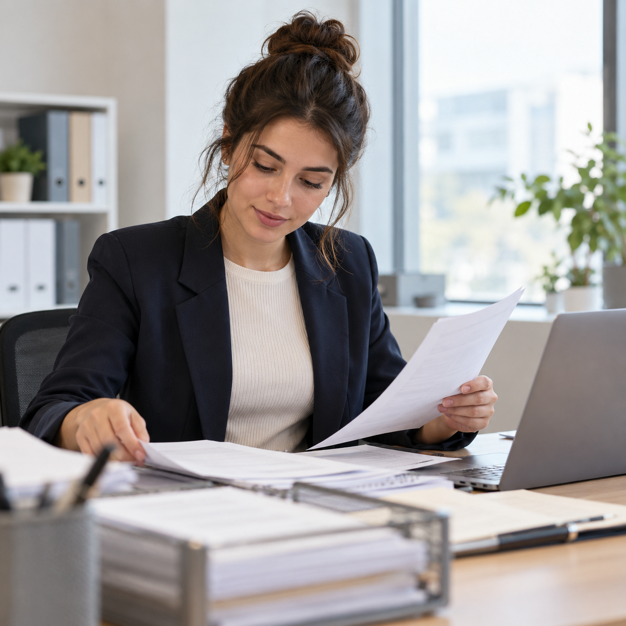 Assistant comptable triant des factures à son bureau, ordinateur portable à côté.
