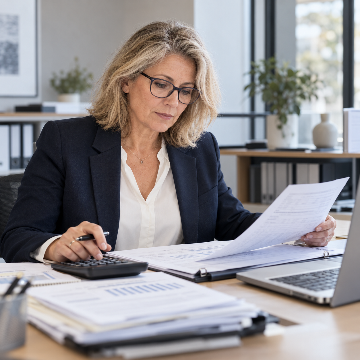 Cheffe comptable à lunettes examinant des états financiers.